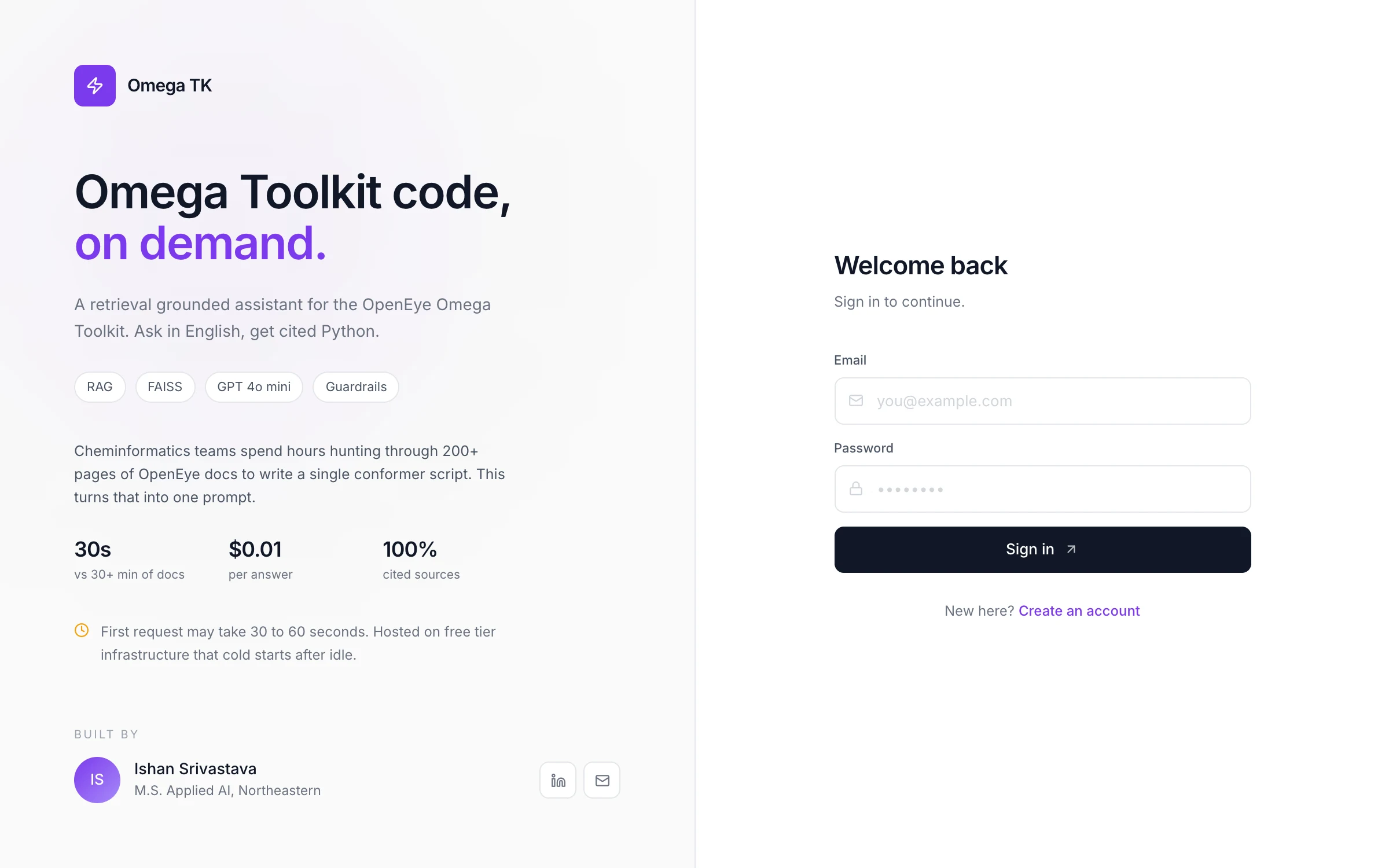OmegaTK landing page: 'Omega Toolkit code, on demand' beside a sign-in panel, with 30s, $0.01 and 100% cited-sources figures