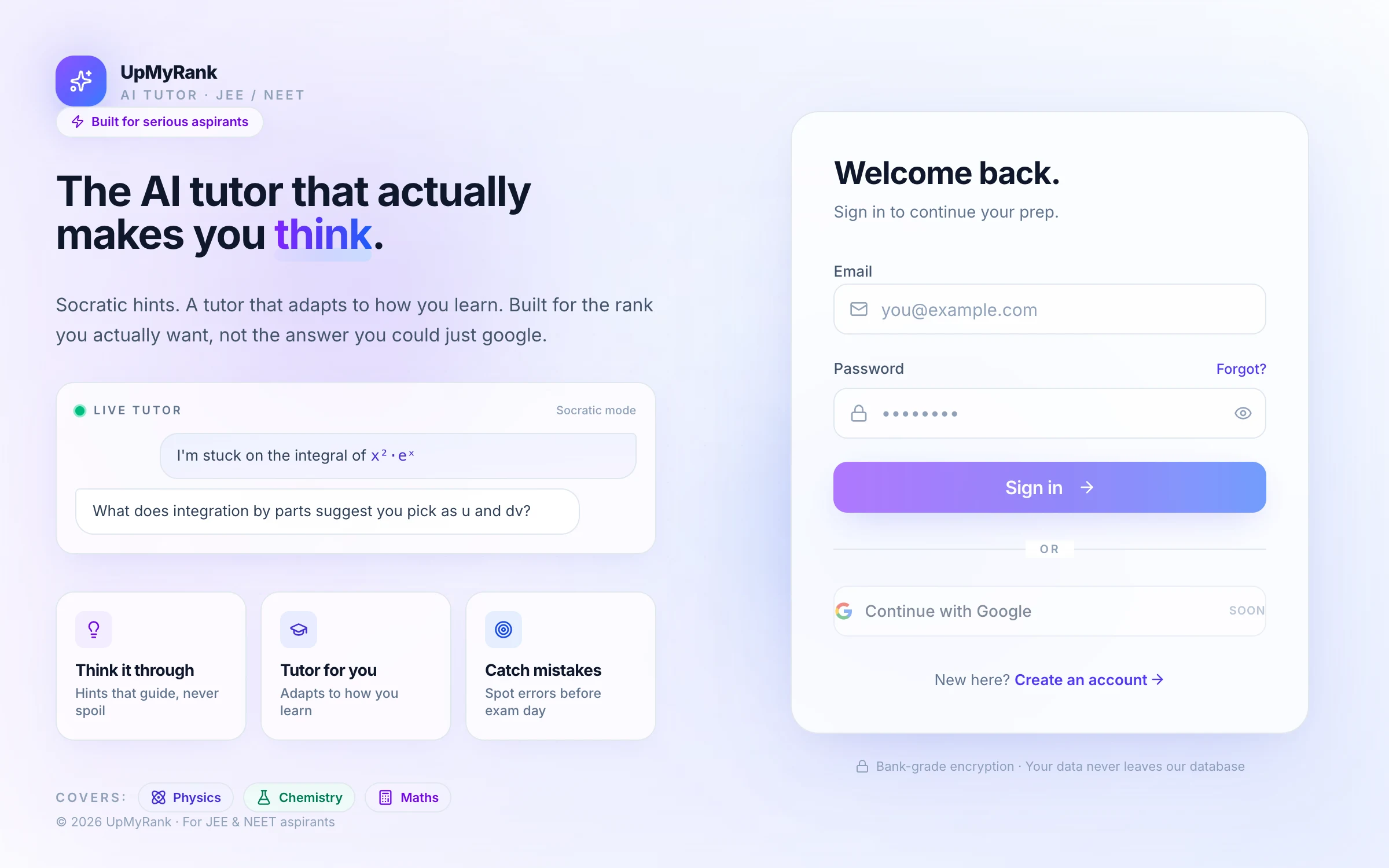 UpMyRank landing page: 'The AI tutor that actually makes you think', showing a live Socratic-mode tutor exchange